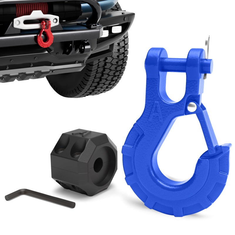 AMBULL 3/8" Winch Hook & Winch Cable Hook Stopper Sets, Heavy Duty Grade 70 Forged Steel Recovery Hook with Safety Latch, Included Allen Wrench,Max 37,478 Lbs, Blue - Image 1